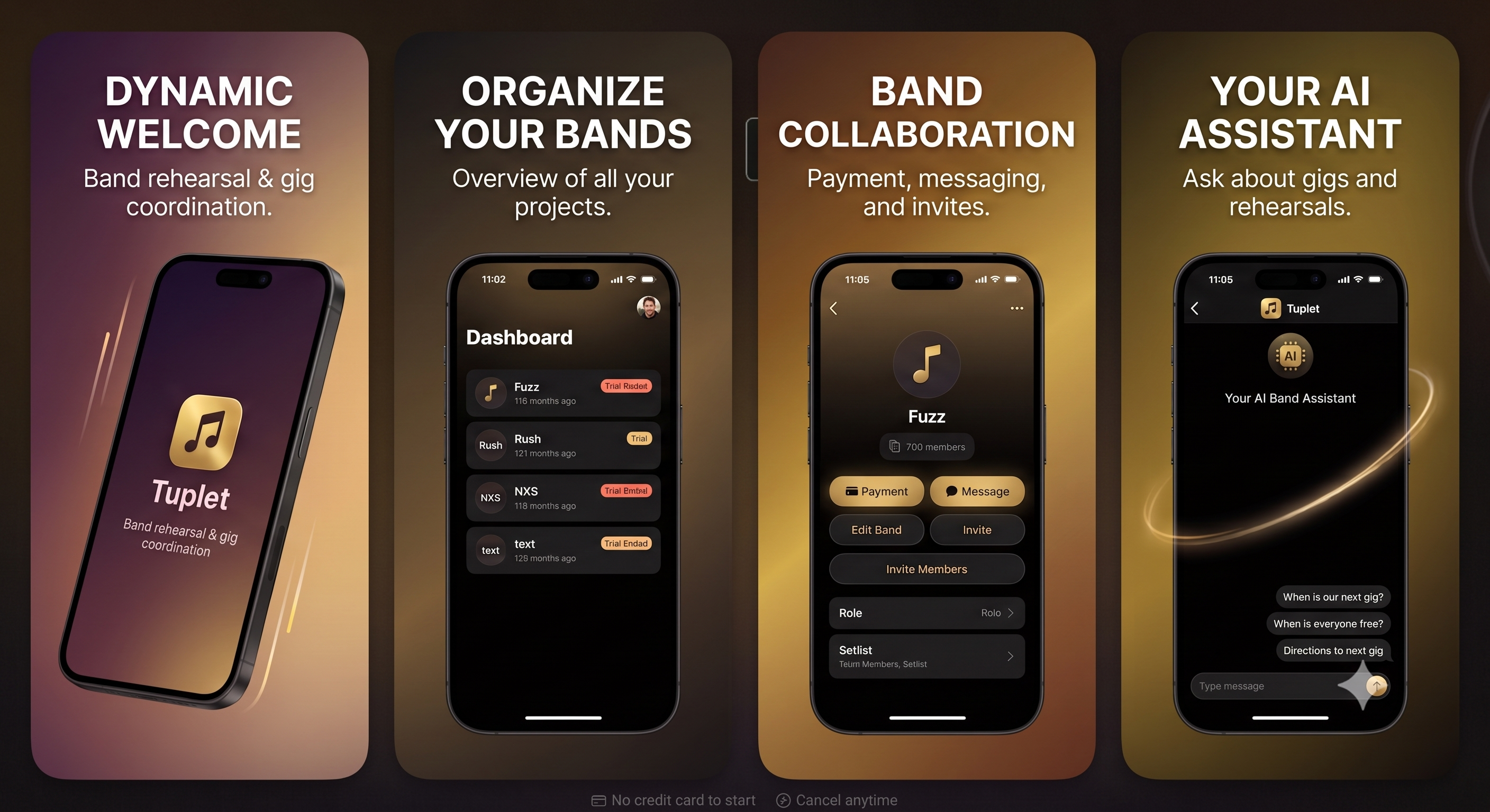 Tuplet app preview showing welcome screen, band dashboard, collaboration tools, and AI assistant
